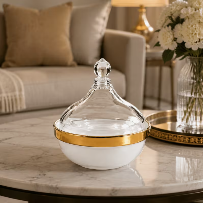 3PCS Glass Dessert Bowl Set with Glass Cover – Elegant Gold Trim Sugar Dish Butter Container Serving Cups for Home Use