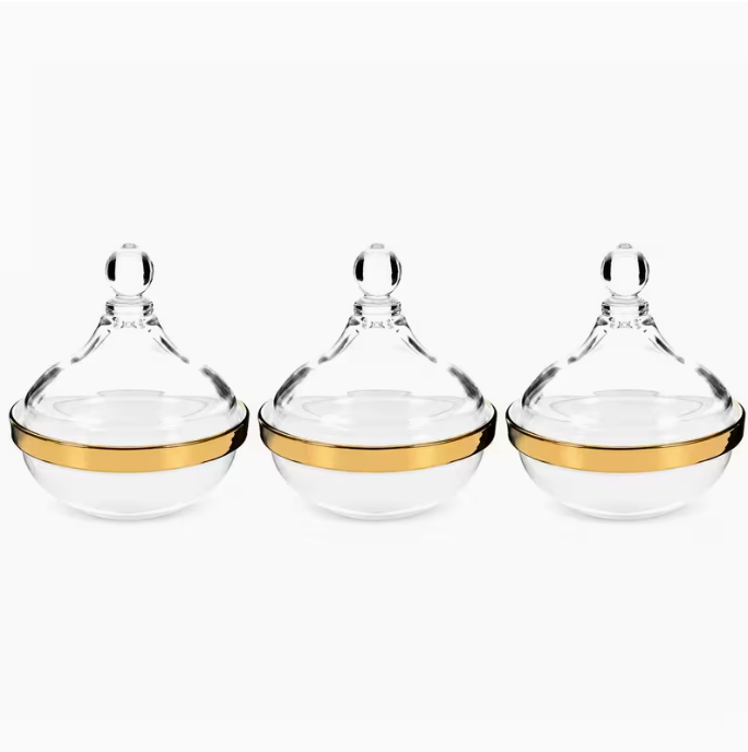 3PCS Glass Dessert Bowl Set with Glass Cover – Elegant Gold Trim Sugar Dish Butter Container Serving Cups for Home Use