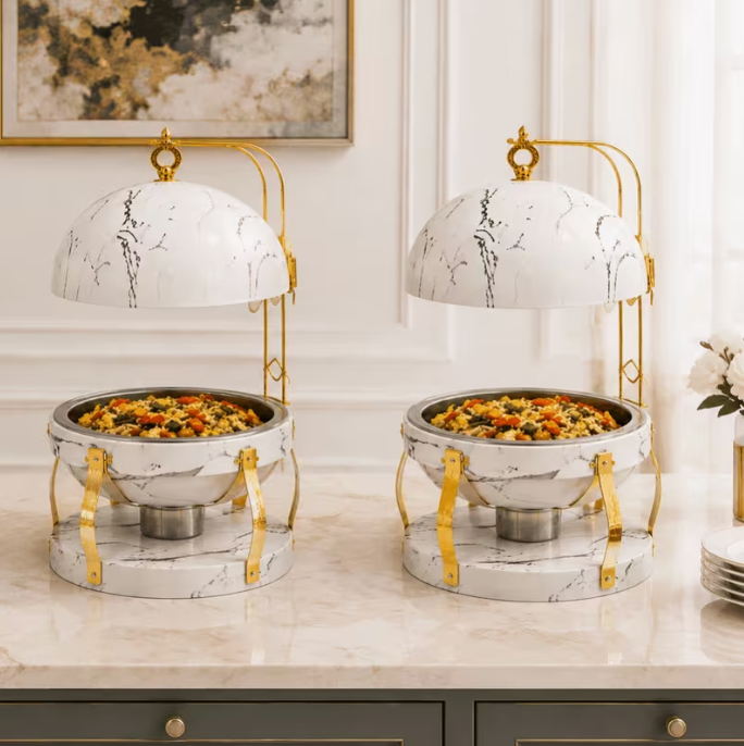8L Round Stainless Steel Buffet Server with Cover White Marble Finish Food Warmer Dish for Wedding Hotel Catering