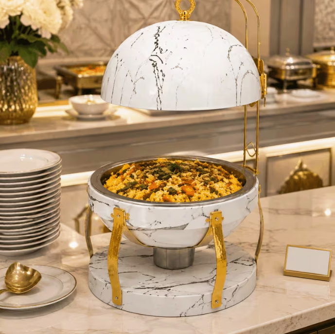 8L Round Stainless Steel Buffet Server with Cover White Marble Finish Food Warmer Dish for Wedding Hotel Catering
