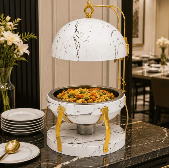 8L Round Stainless Steel Buffet Server with Cover White Marble Finish Food Warmer Dish for Wedding Hotel Catering