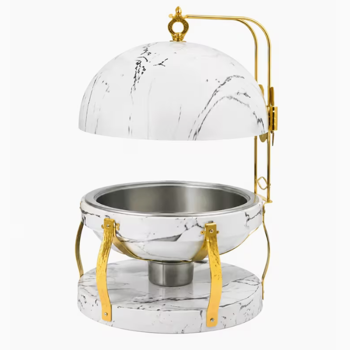 8L Round Stainless Steel Buffet Server with Cover White Marble Finish Food Warmer Dish for Wedding Hotel Catering