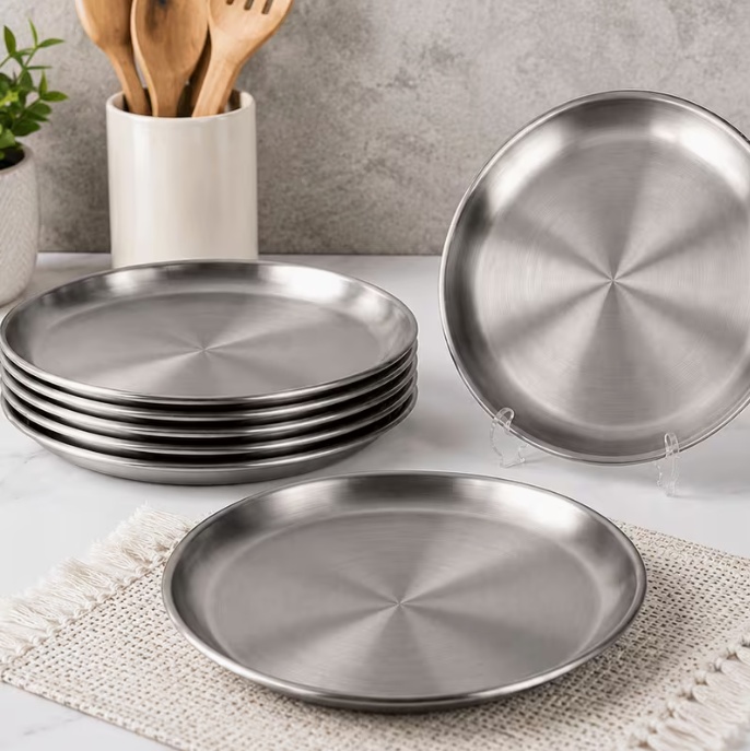 6 Pack Stainless Steel Plates 20cm Round Dinner Serving Plates Silver Reusable Tableware for Home Dining Kitchen