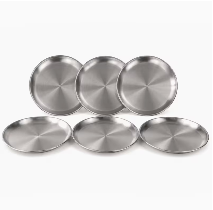 6 Pack Stainless Steel Plates 20cm Round Dinner Serving Plates Silver Reusable Tableware for Home Dining Kitchen