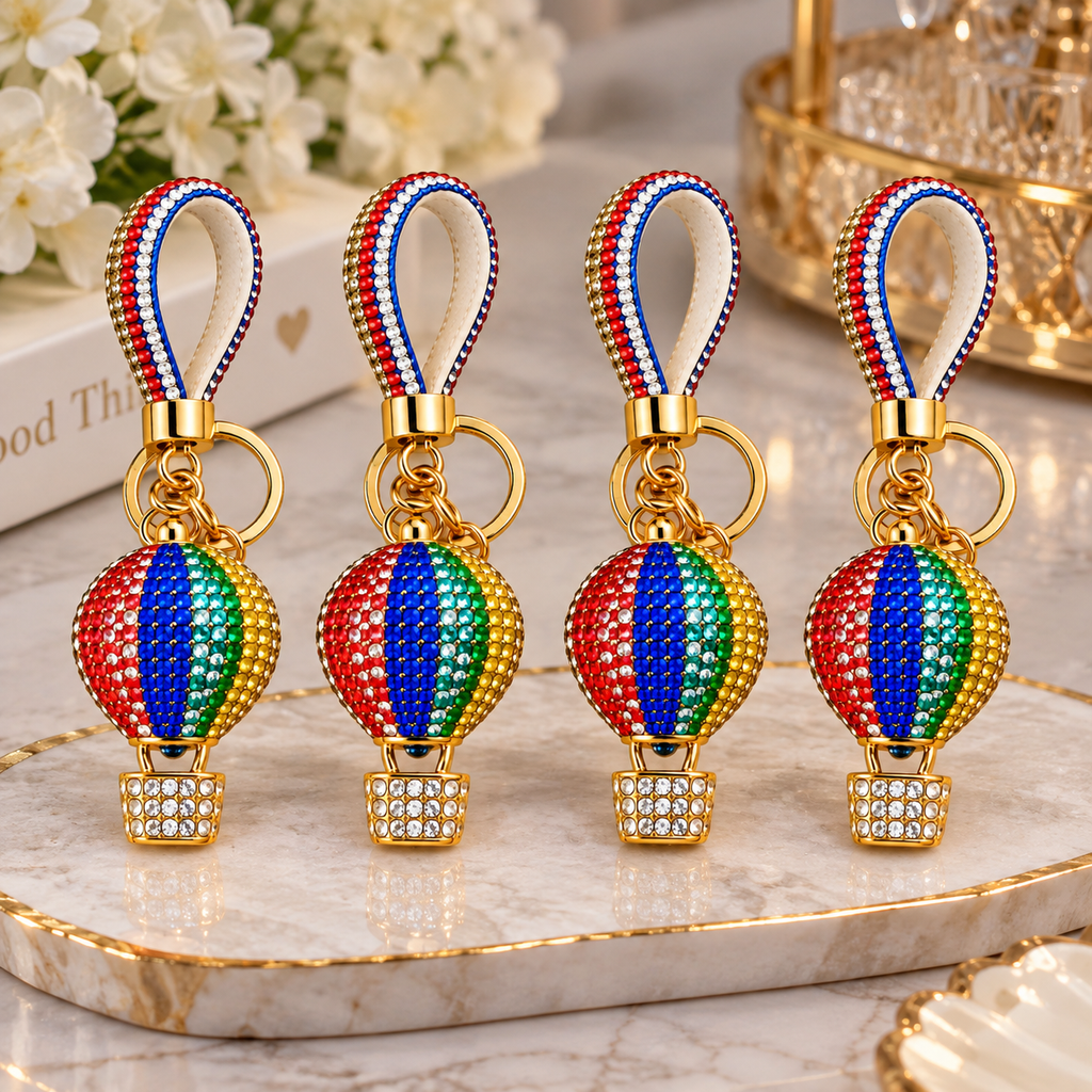 Pack of 4 Luxury Rhinestone Hot Air Balloon Keychains – Multicolour Crystal Bag Charm with Gold Key Ring & Wrist Strap