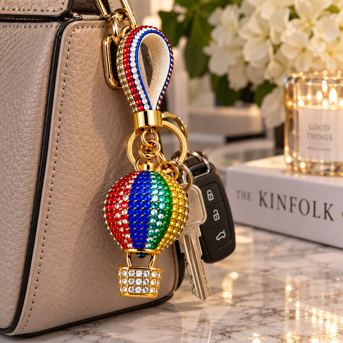 Pack of 4 Luxury Rhinestone Hot Air Balloon Keychains – Multicolour Crystal Bag Charm with Gold Key Ring & Wrist Strap