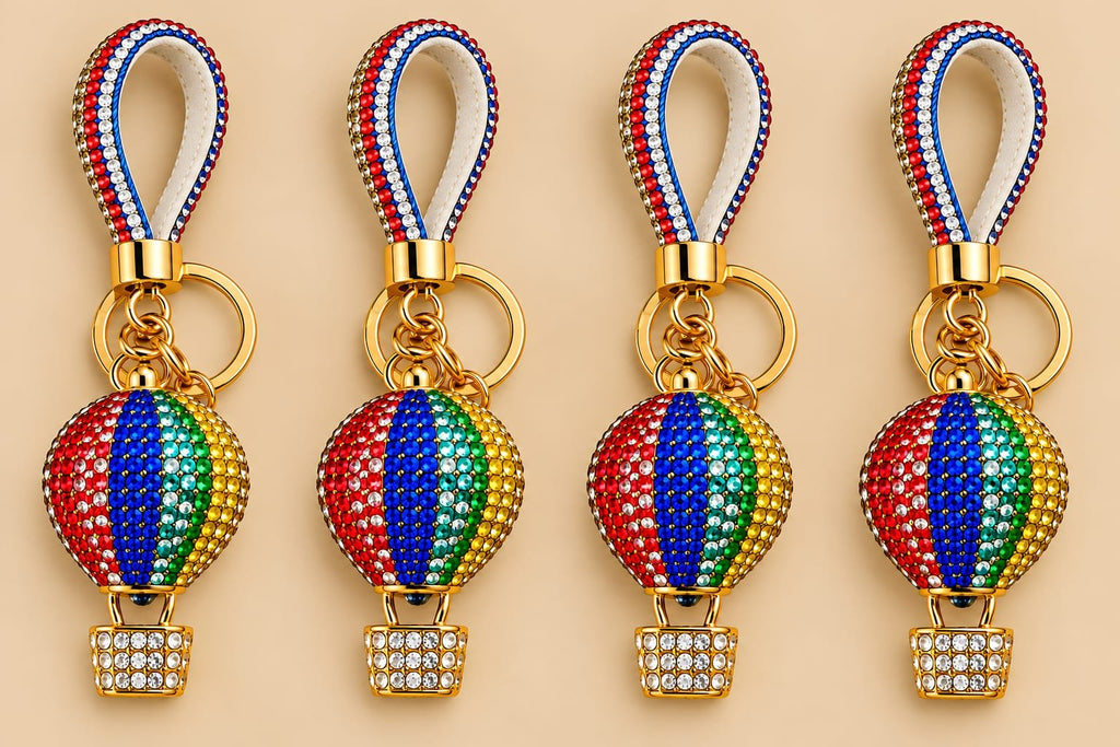 Pack of 4 Luxury Rhinestone Hot Air Balloon Keychains – Multicolour Crystal Bag Charm with Gold Key Ring & Wrist Strap