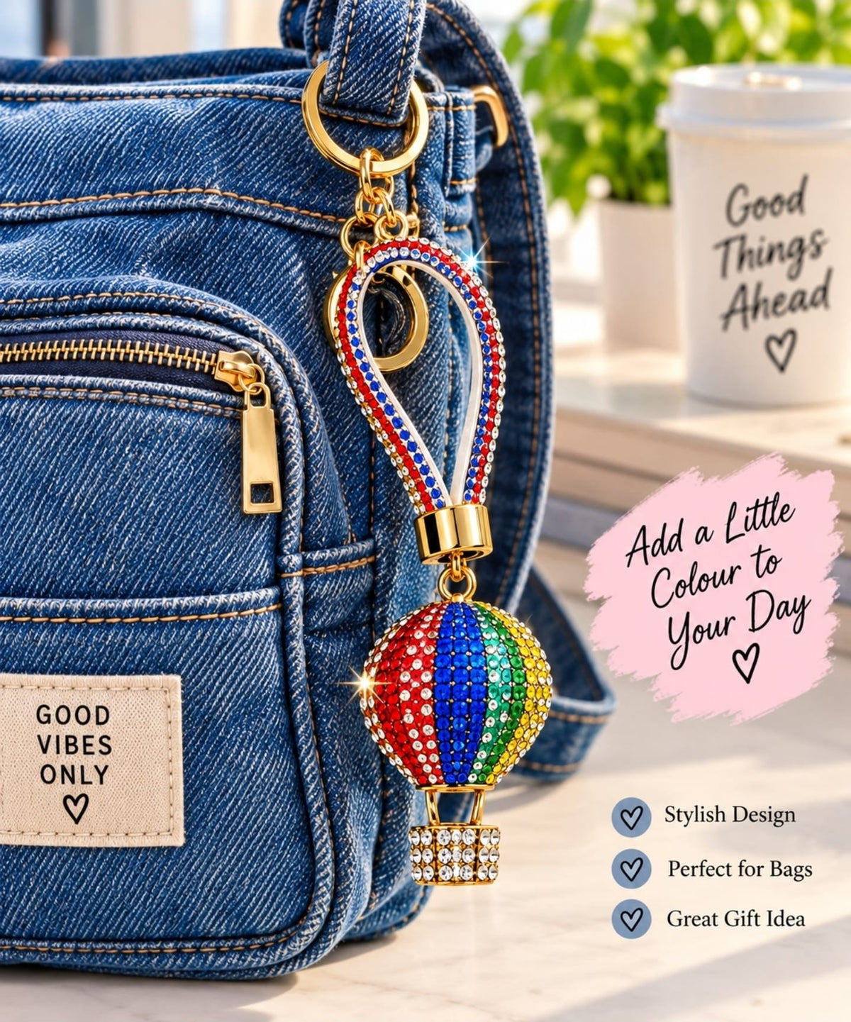 Pack of 4 Luxury Rhinestone Hot Air Balloon Keychains – Multicolour Crystal Bag Charm with Gold Key Ring & Wrist Strap