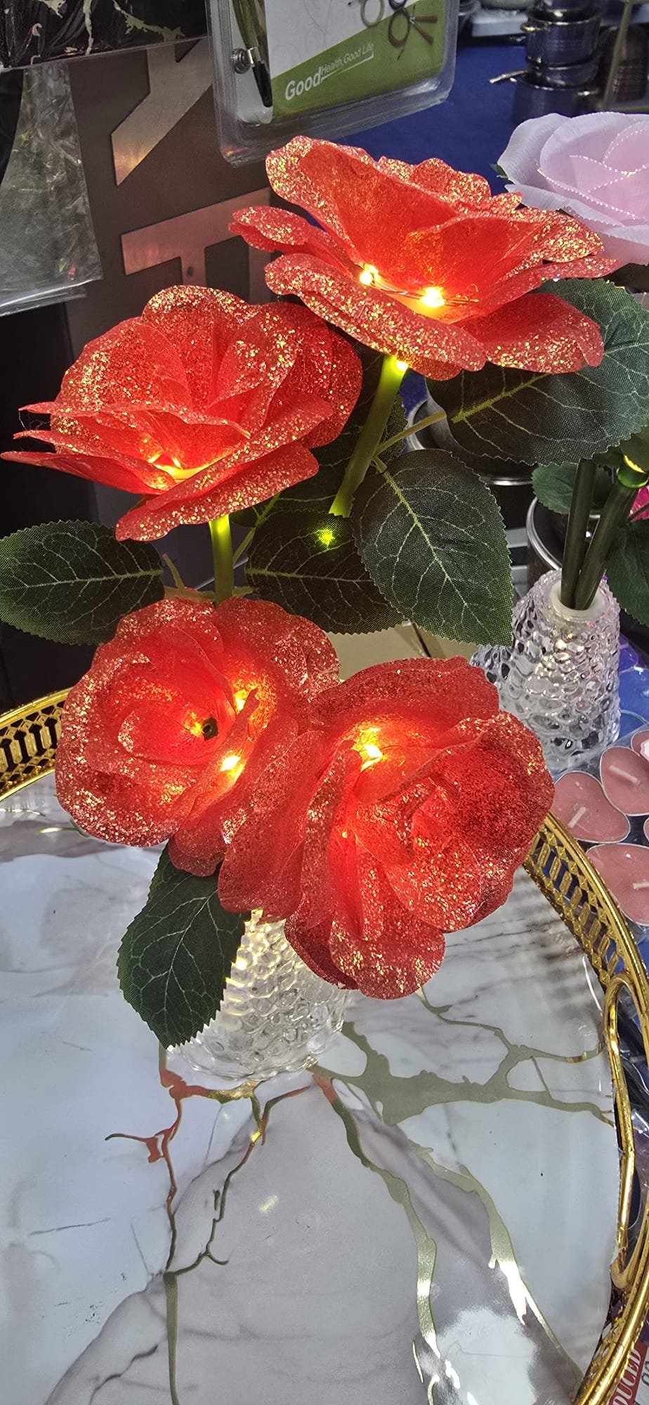 Pack of 2 Red LED Rose Flower Vase Lights – Artificial Glitter Rose Bouquet with Warm Fairy Lights & Crystal-Style Vase, Decorative Table