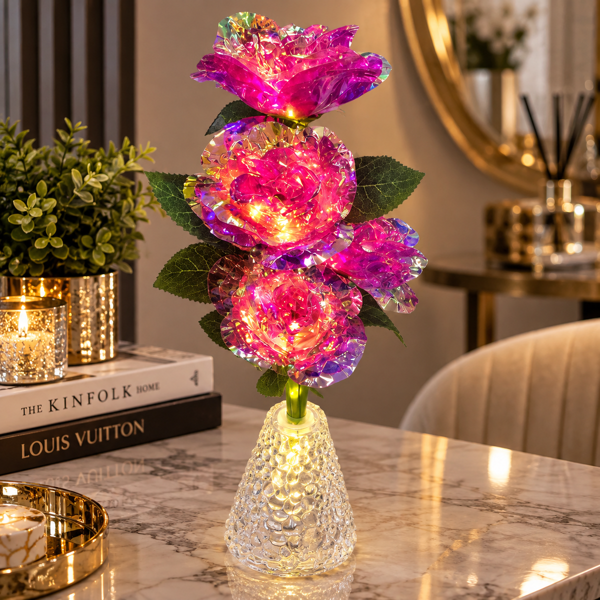 Pack of 2 Red LED Rose Flower Vase Lights – Artificial Glitter Rose Bouquet with Warm Fairy Lights & Crystal-Style Vase, Decorative Table