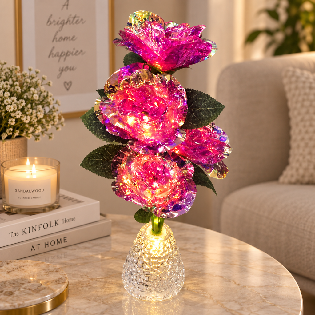 Pack of 2 Red LED Rose Flower Vase Lights – Artificial Glitter Rose Bouquet with Warm Fairy Lights & Crystal-Style Vase, Decorative Table