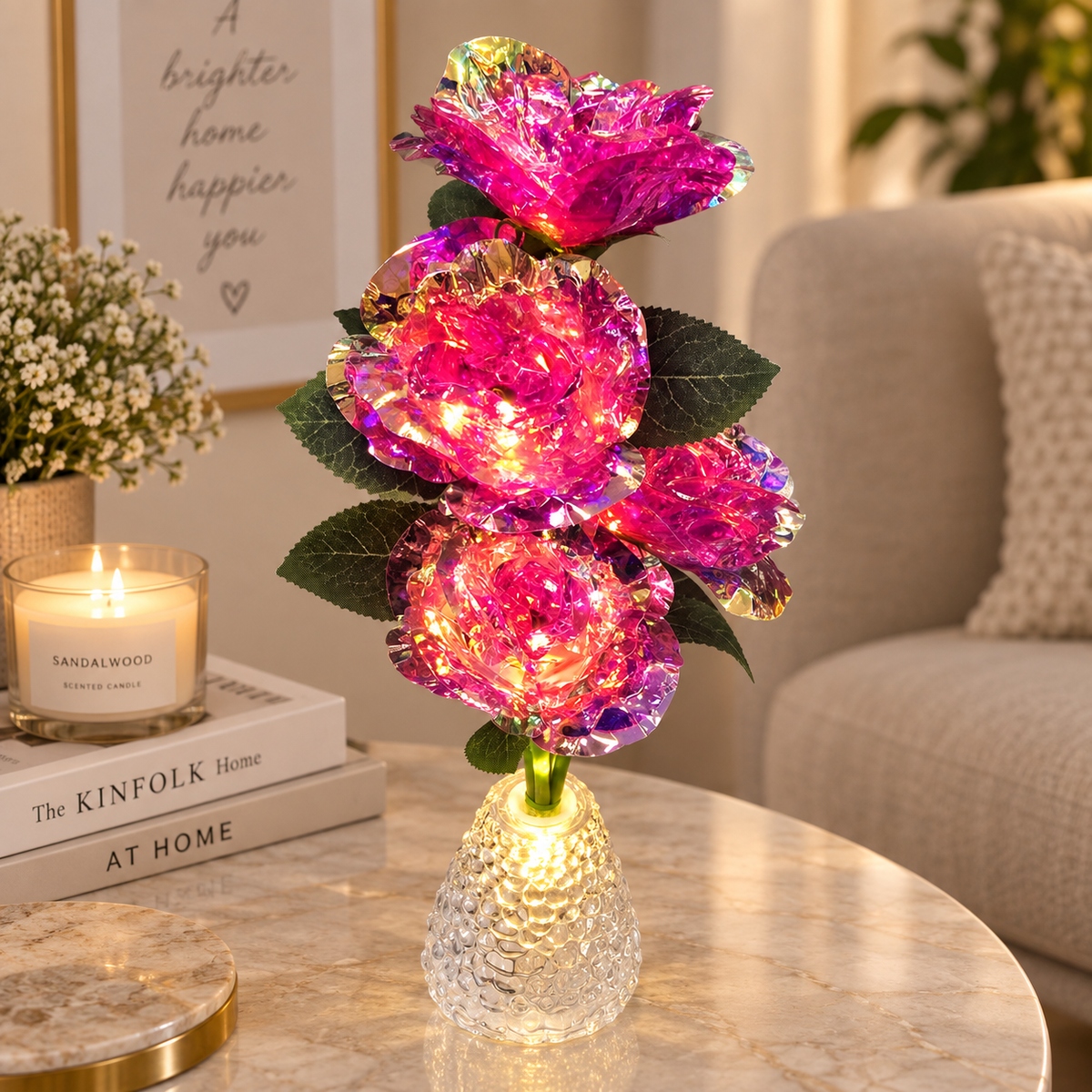 Pack of 2 Red LED Rose Flower Vase Lights – Artificial Glitter Rose Bouquet with Warm Fairy Lights & Crystal-Style Vase, Decorative Table