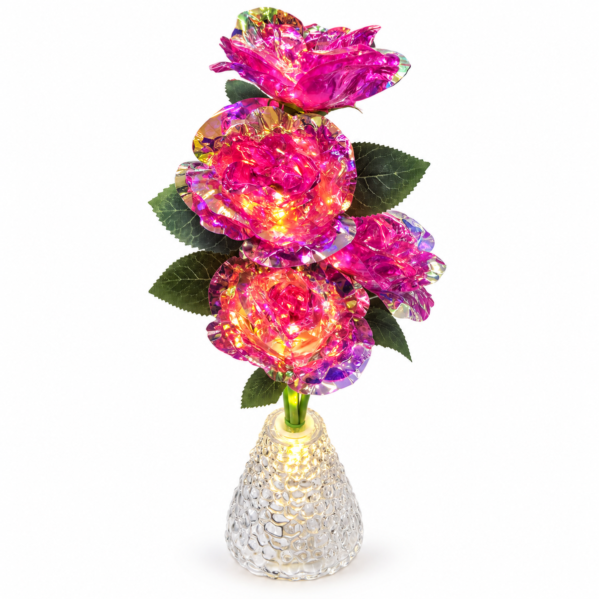 Pack of 2 Red LED Rose Flower Vase Lights – Artificial Glitter Rose Bouquet with Warm Fairy Lights & Crystal-Style Vase, Decorative Table