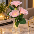 Pack of 4 Pink LED Rose Flower Vase Lights – Artificial 3-Rose Bouquet with Warm Lights & Crystal-Style Vase, Decorative Table Centrepiece