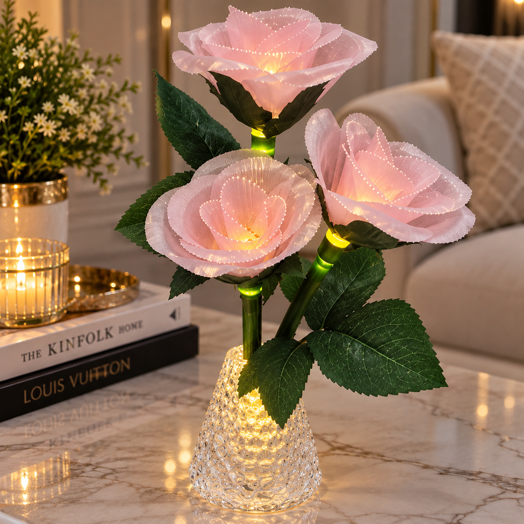 Pack of 4 Pink LED Rose Flower Vase Lights – Artificial 3-Rose Bouquet with Warm Lights & Crystal-Style Vase, Decorative Table Centrepiece