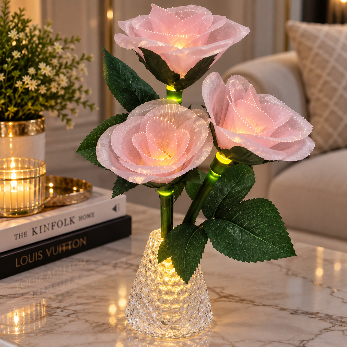 Pack of 4 Pink LED Rose Flower Vase Lights – Artificial 3-Rose Bouquet with Warm Lights & Crystal-Style Vase, Decorative Table Centrepiece