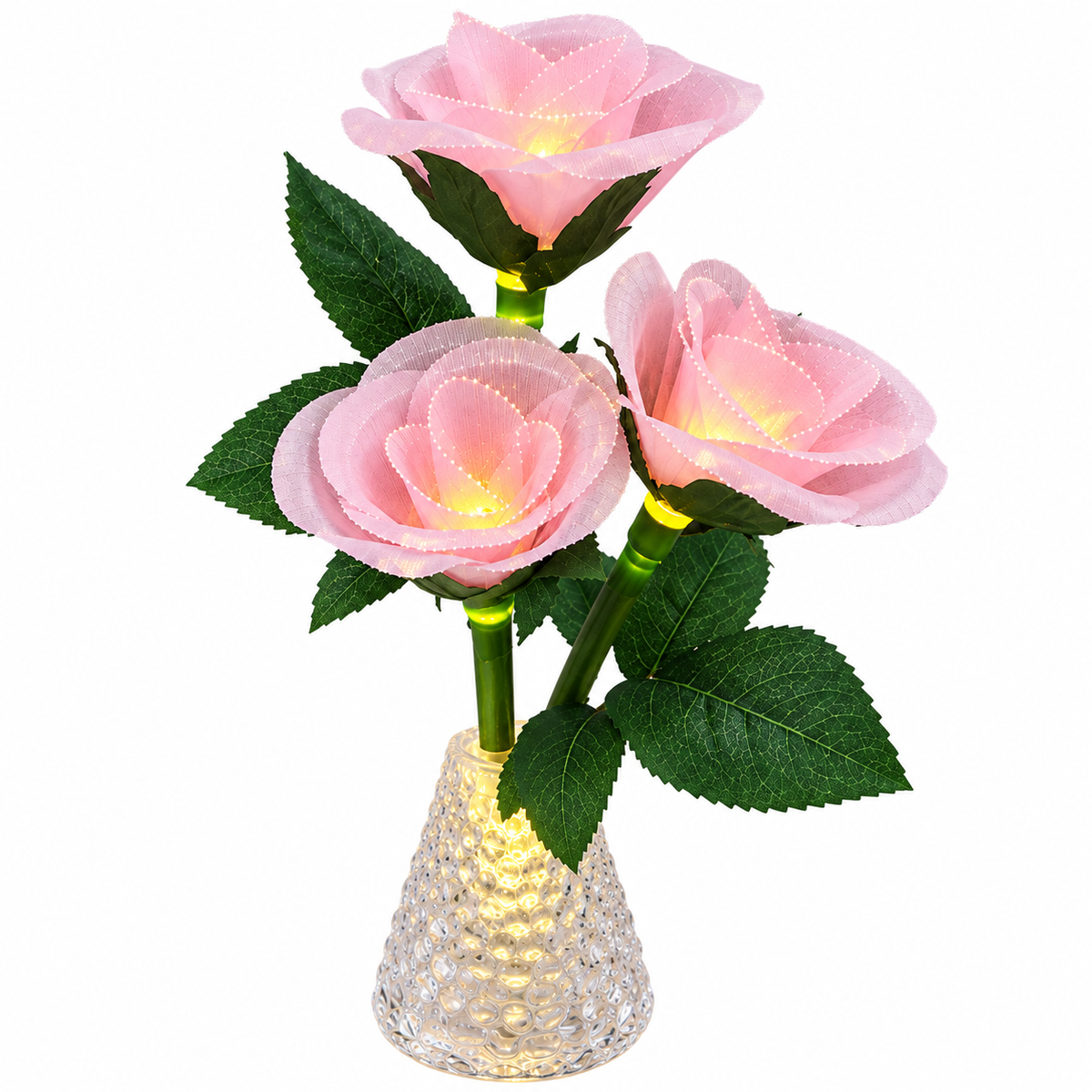 Pack of 4 Pink LED Rose Flower Vase Lights – Artificial 3-Rose Bouquet with Warm Lights & Crystal-Style Vase, Decorative Table Centrepiece