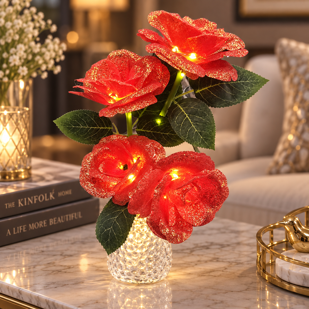 Pack of 4 Red LED Rose Flower Vase Lights – Artificial Glitter Rose Bouquet with Warm Lights & Crystal-Style Vase, Decorative Table Centrepiece