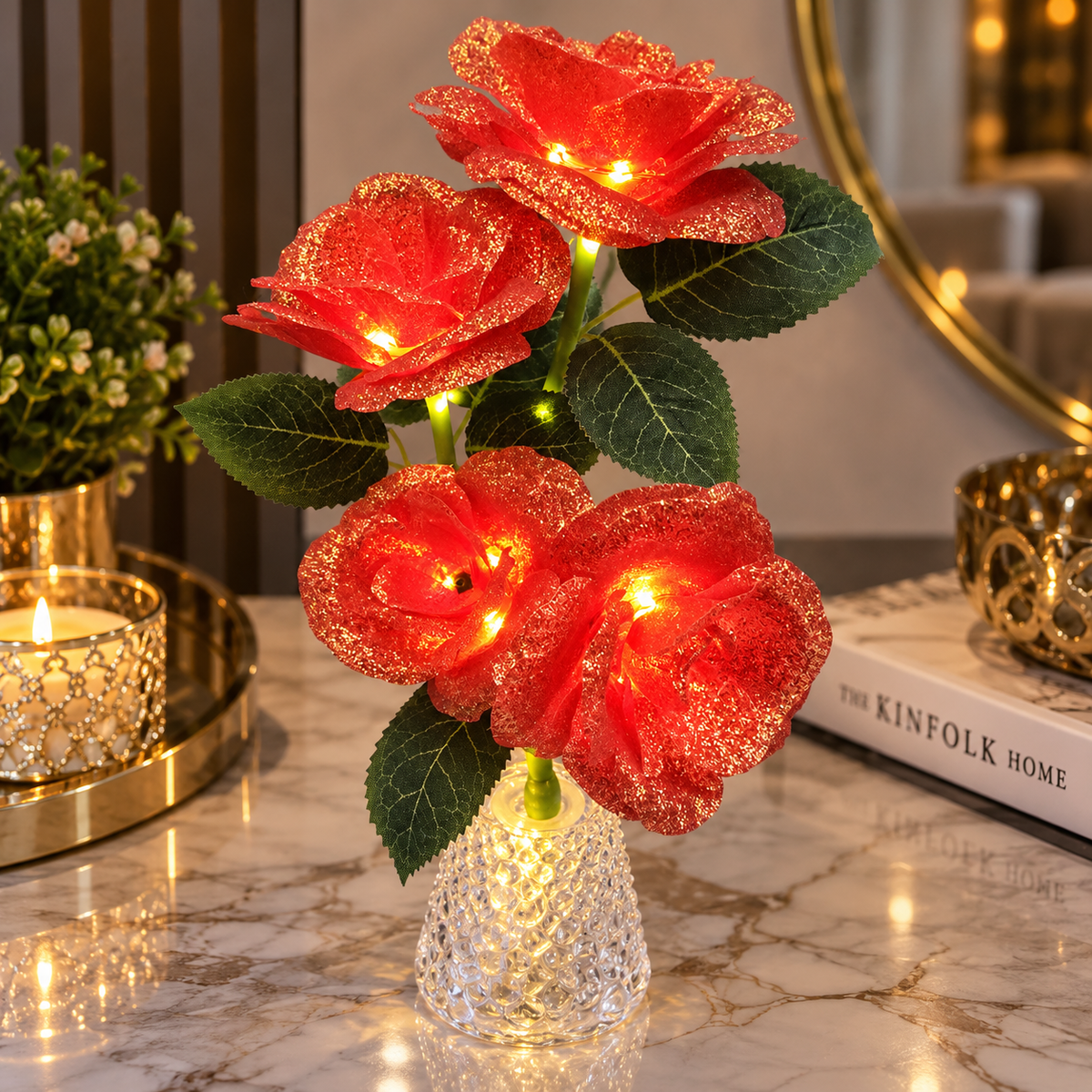 Pack of 4 Red LED Rose Flower Vase Lights – Artificial Glitter Rose Bouquet with Warm Lights & Crystal-Style Vase, Decorative Table Centrepiece