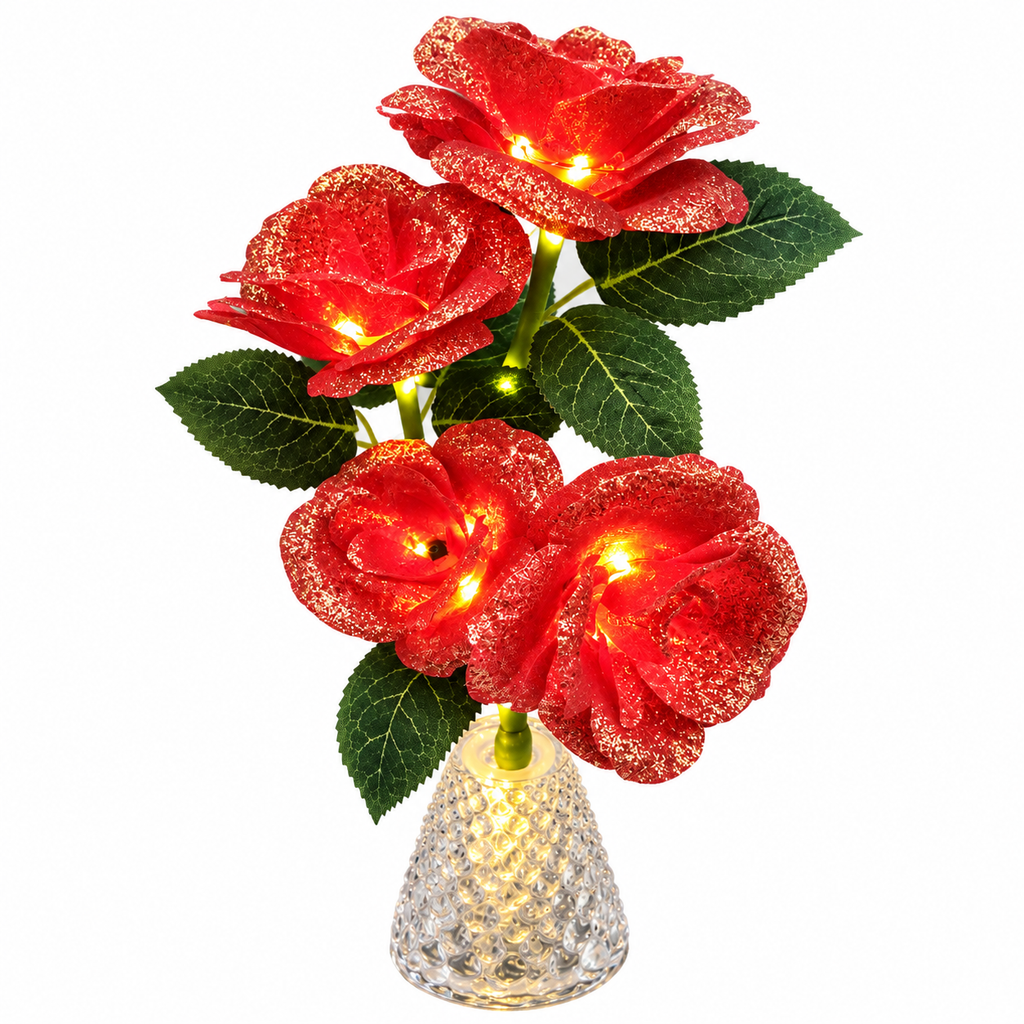 Pack of 4 Red LED Rose Flower Vase Lights – Artificial Glitter Rose Bouquet with Warm Lights & Crystal-Style Vase, Decorative Table Centrepiece