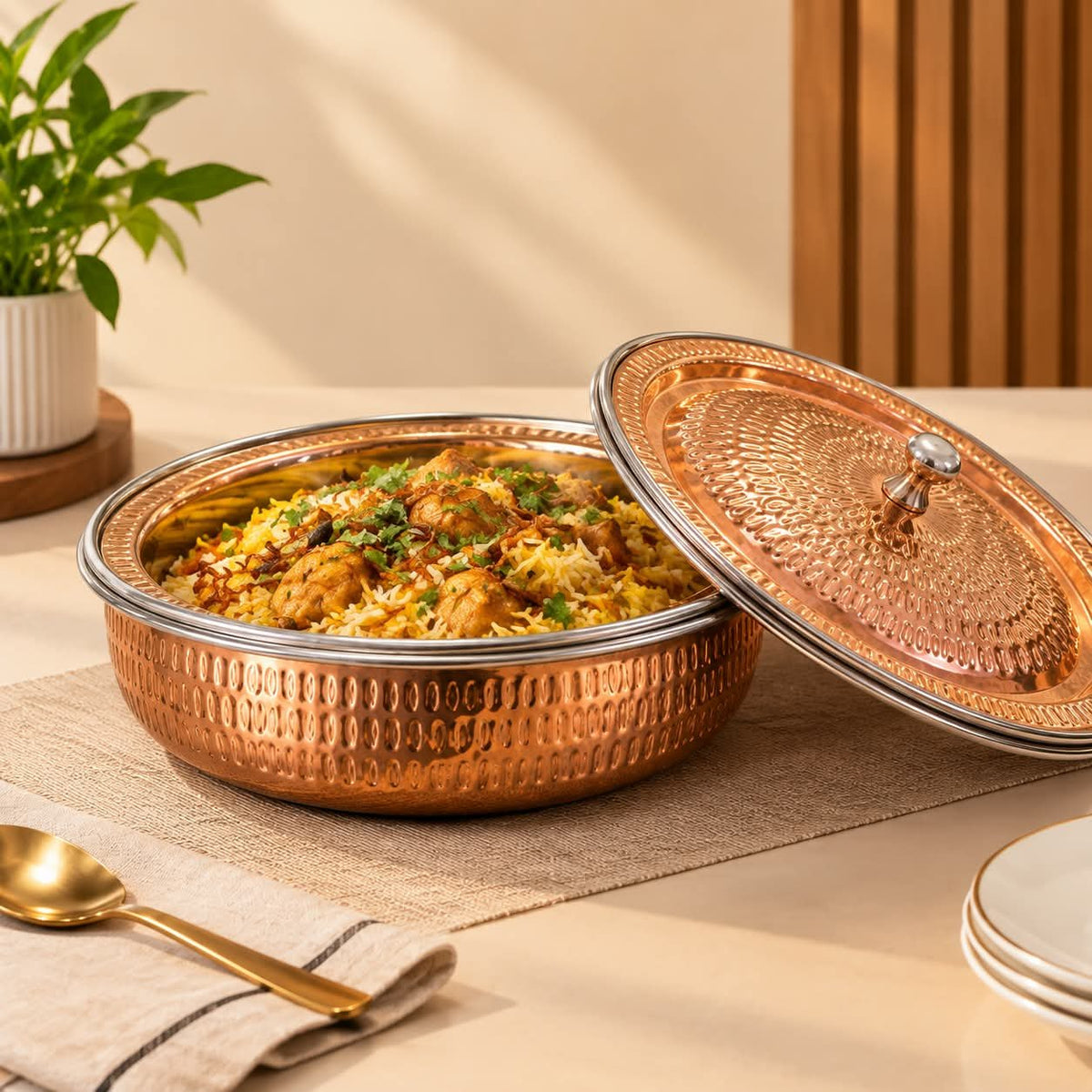 Luxury Set of 2 Copper hammered Serving Dishes with Lid – Premium Round Food Storage & Serving Bowls for Curry, Rice, Snacks, Desserts, Dining & Kitchen Use