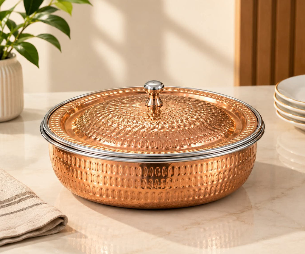 Luxury Set of 2 Copper hammered Serving Dishes with Lid – Premium Round Food Storage & Serving Bowls for Curry, Rice, Snacks, Desserts, Dining & Kitchen Use