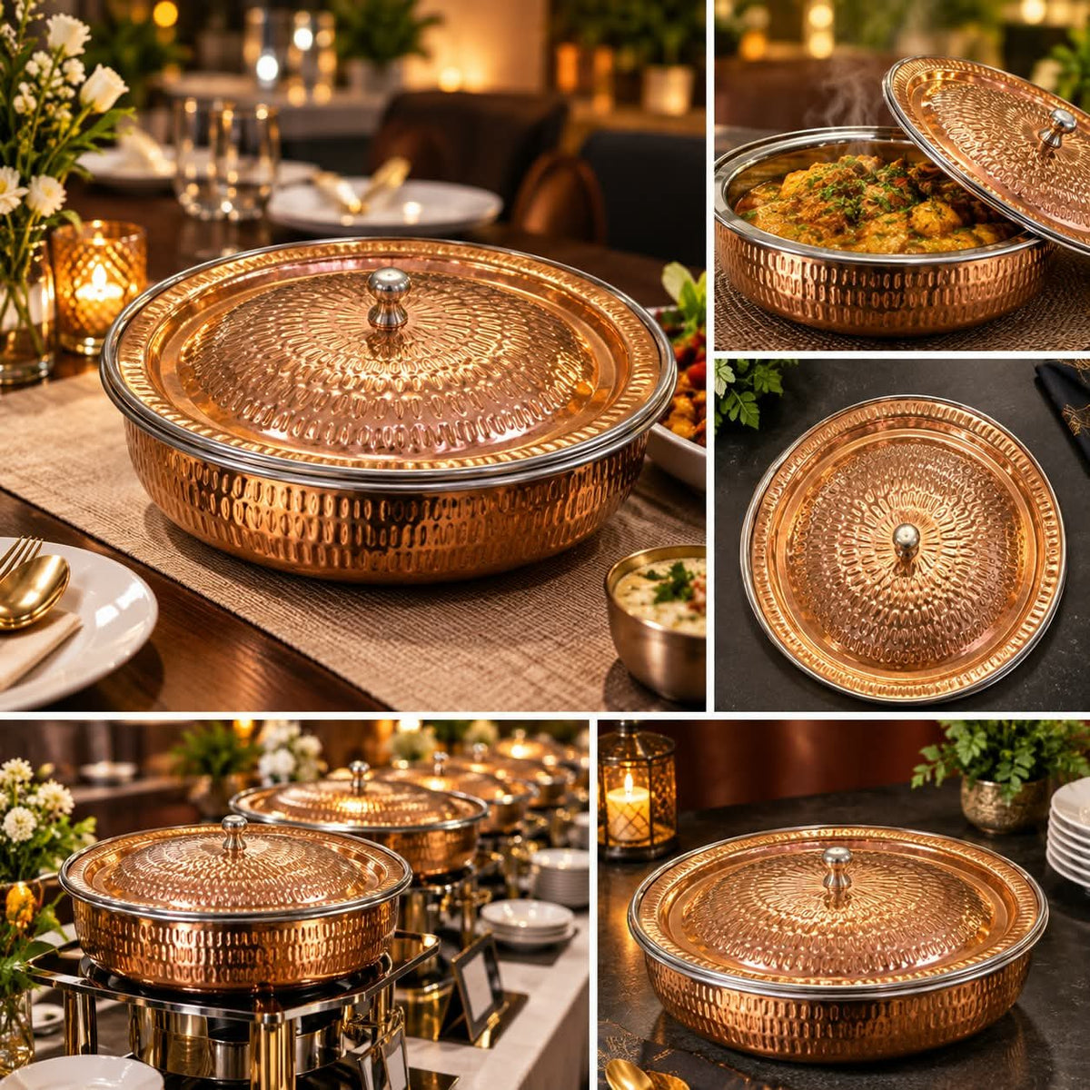 Luxury Set of 2 Copper hammered Serving Dishes with Lid – Premium Round Food Storage & Serving Bowls for Curry, Rice, Snacks, Desserts, Dining & Kitchen Use