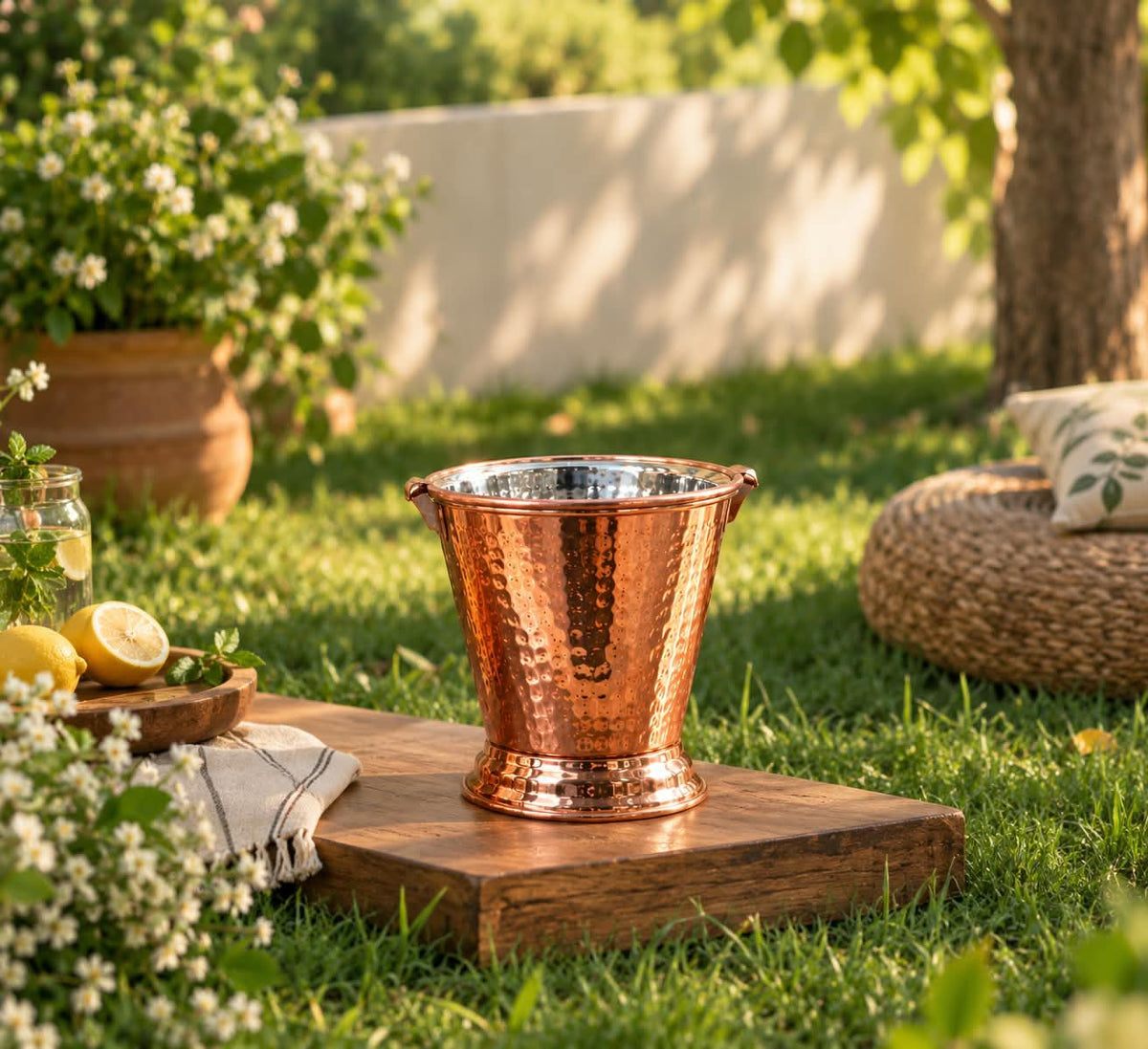 Luxury Set of 4 Stainless Steel Serving Buckets – Luxury Copper Finish Hammered Metal Mini Buckets with Handles for Ice, Drinks, Snacks, Table Décor & Parties