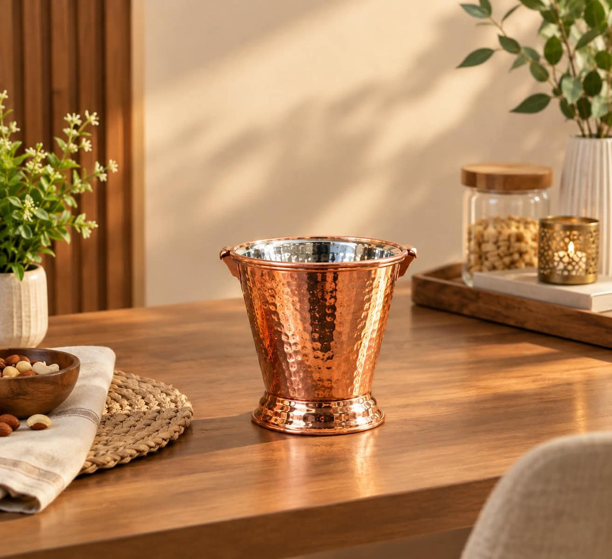 Luxury Set of 4 Stainless Steel Serving Buckets – Luxury Copper Finish Hammered Metal Mini Buckets with Handles for Ice, Drinks, Snacks, Table Décor & Parties