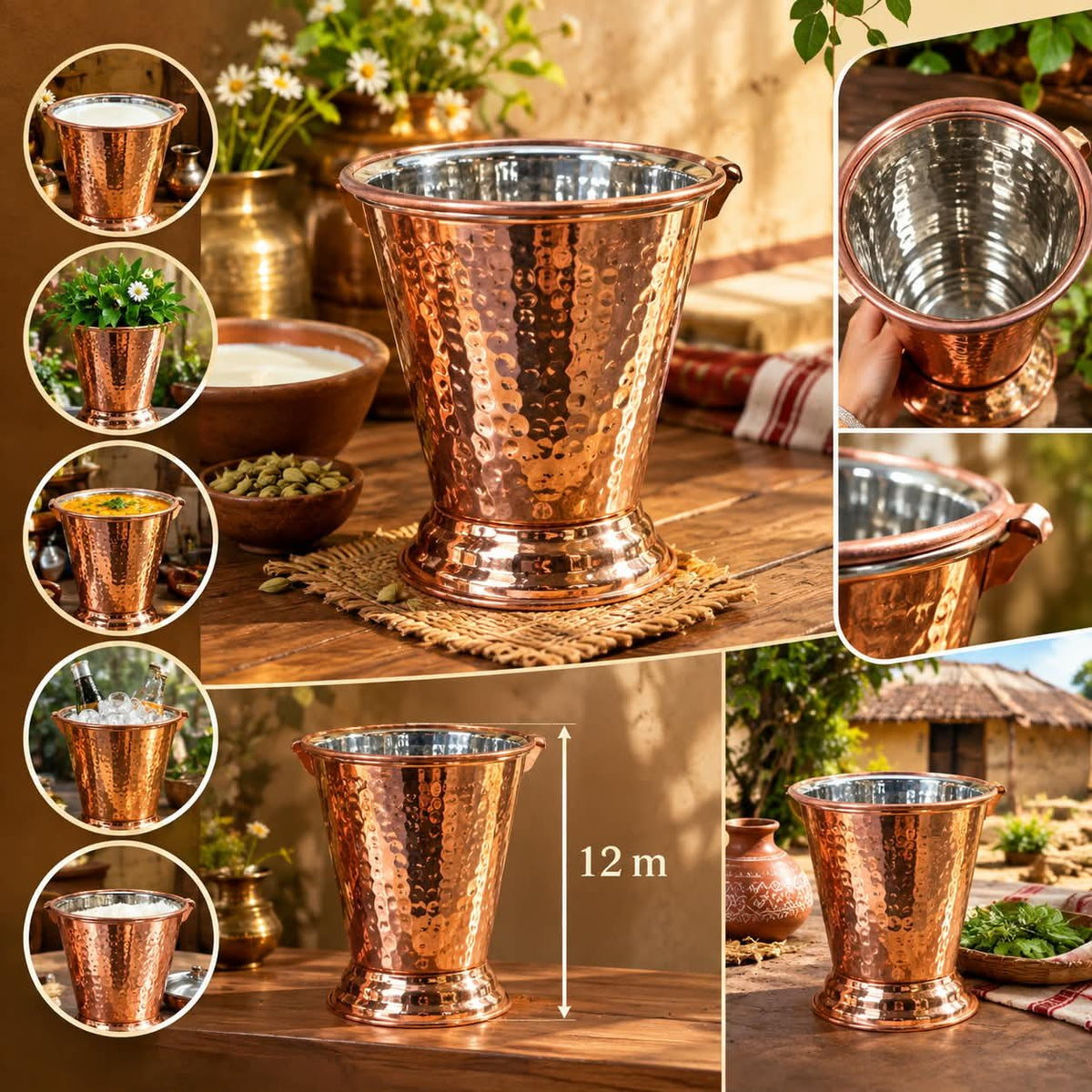 Luxury Set of 4 Stainless Steel Serving Buckets – Luxury Copper Finish Hammered Metal Mini Buckets with Handles for Ice, Drinks, Snacks, Table Décor & Parties