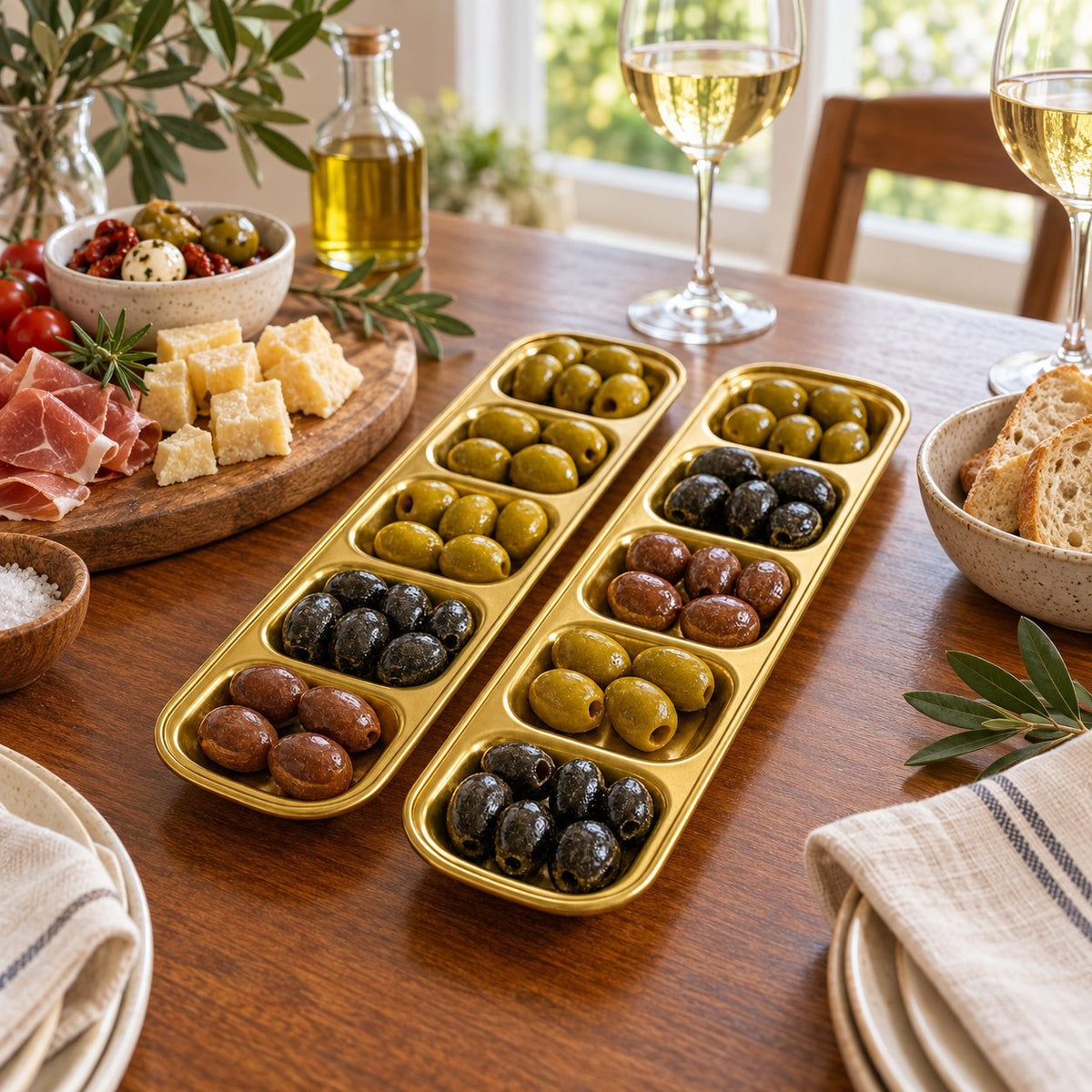 Luxury Set of 8 Gold Stainless Steel Serving Trays – 5 Compartment Divided Food Dishes for Olives, Snacks, Nuts, Appetisers, Dips, Desserts & Parties
