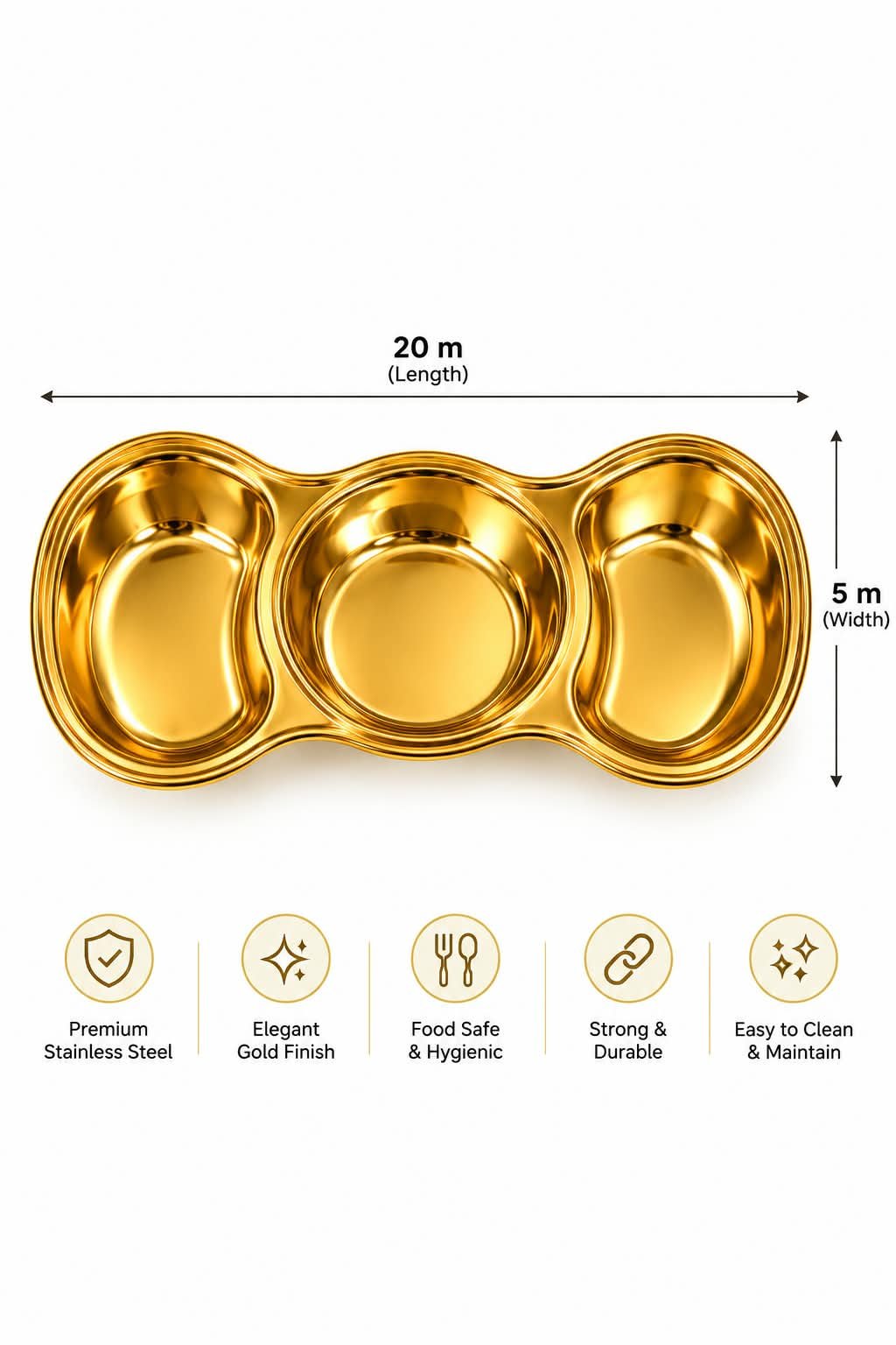 Luxury Set of 4 Gold Stainless Steel Serving Trays – Luxury 3 Compartment Divided Food Serving Dishes for Snacks, Appetisers, Nuts, Sweets, Dips & Parties