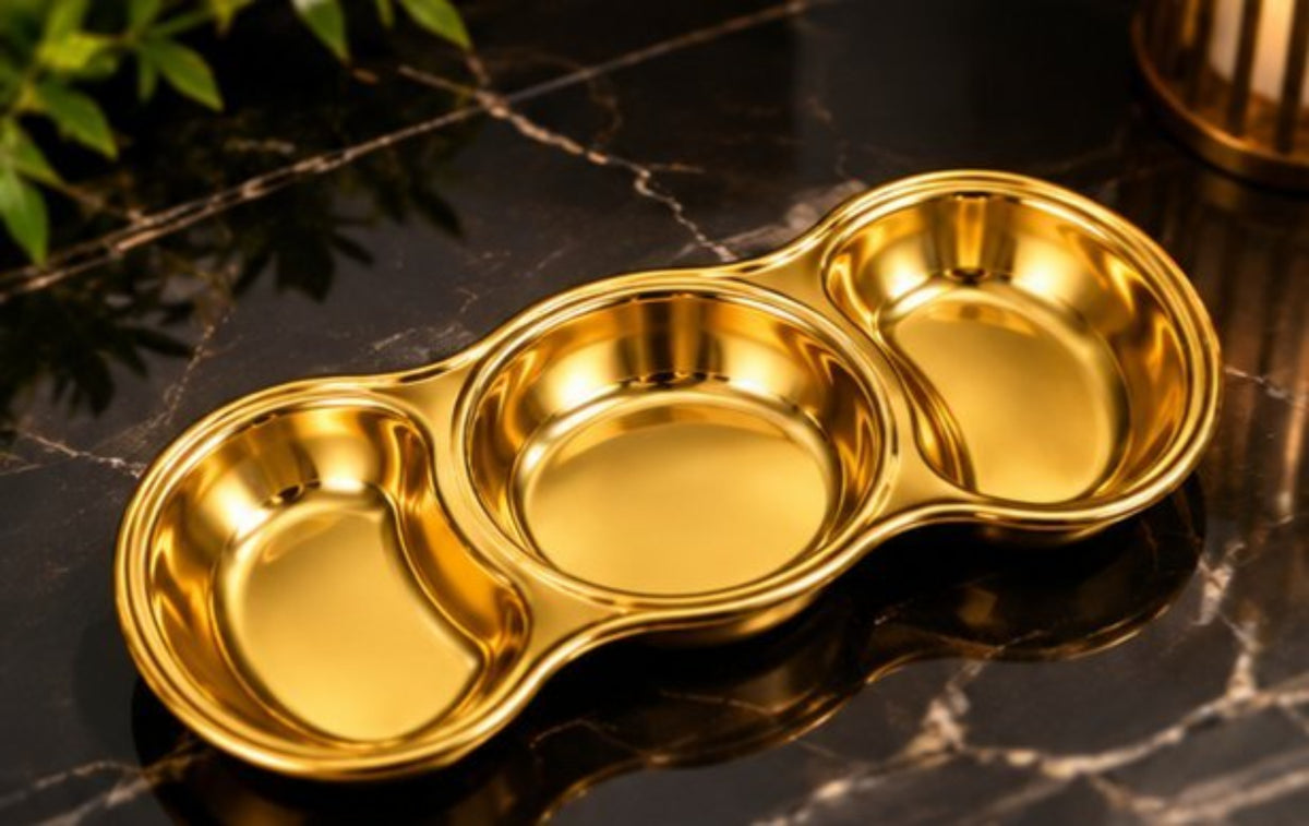 Luxury Set of 4 Gold Stainless Steel Serving Trays – Luxury 3 Compartment Divided Food Serving Dishes for Snacks, Appetisers, Nuts, Sweets, Dips & Parties