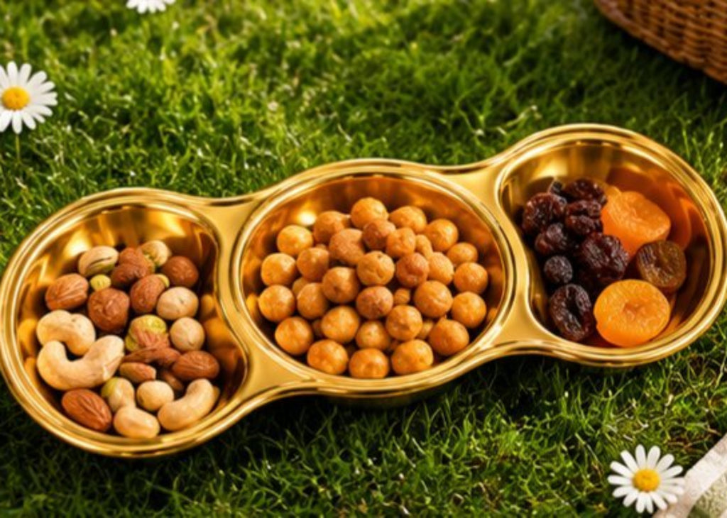 Luxury Set of 4 Gold Stainless Steel Serving Trays – Luxury 3 Compartment Divided Food Serving Dishes for Snacks, Appetisers, Nuts, Sweets, Dips & Parties