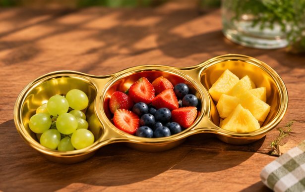 Luxury Set of 4 Gold Stainless Steel Serving Trays – Luxury 3 Compartment Divided Food Serving Dishes for Snacks, Appetisers, Nuts, Sweets, Dips & Parties
