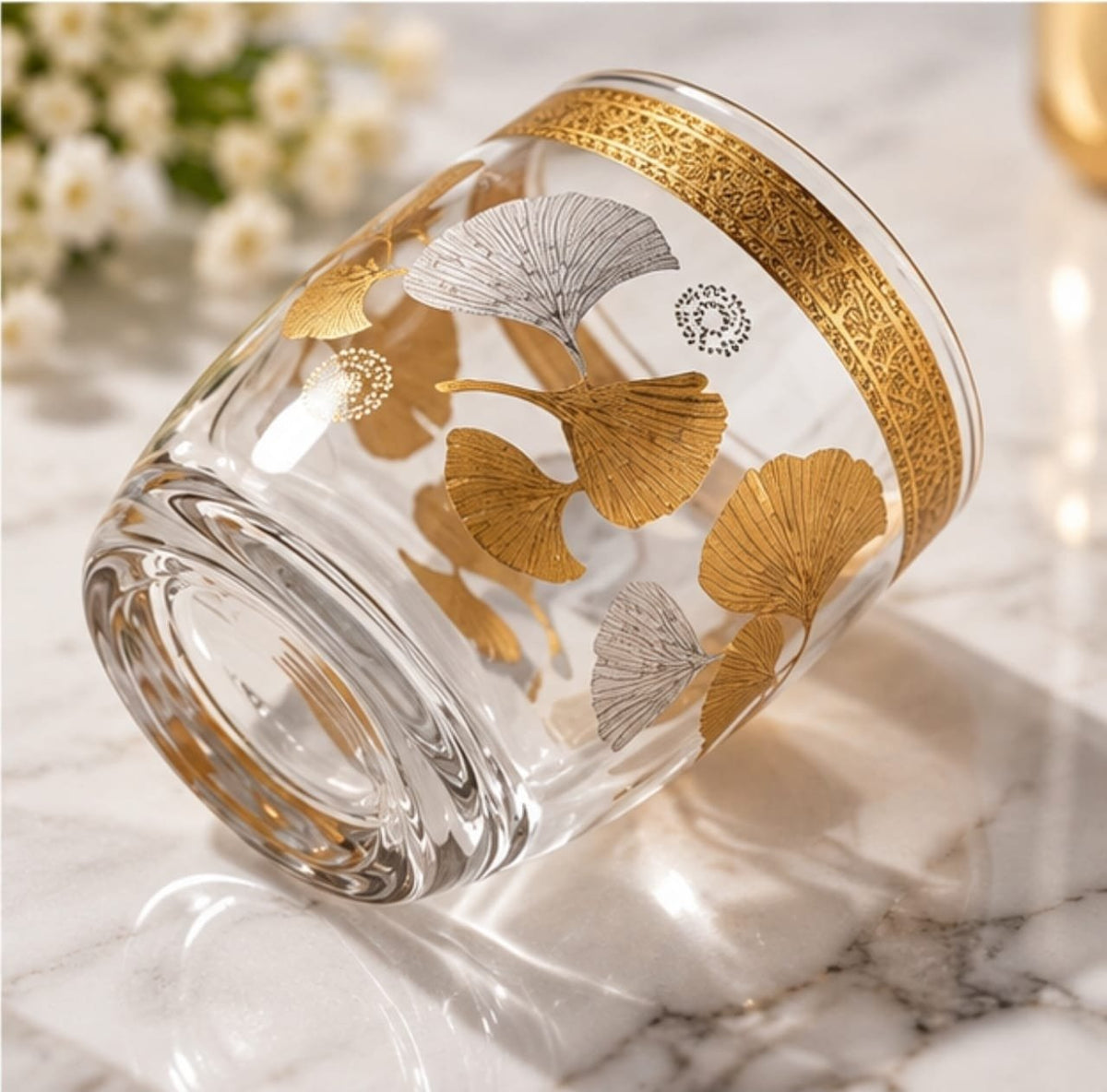 Luxury Set of 6 Glass Drinking Tumblers with Gold & Silver Ginkgo Leaf Design – Decorative Glasses for Water, Juice, Soft Drinks, Mocktails & Entertaining