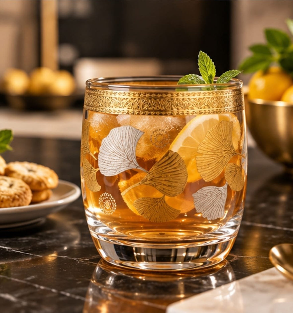 Luxury Set of 6 Glass Drinking Tumblers with Gold & Silver Ginkgo Leaf Design – Decorative Glasses for Water, Juice, Soft Drinks, Mocktails & Entertaining