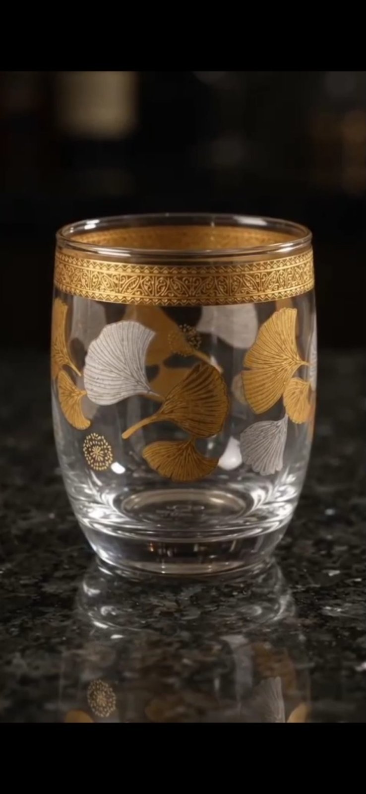 Luxury Set of 6 Glass Drinking Tumblers with Gold & Silver Ginkgo Leaf Design – Decorative Glasses for Water, Juice, Soft Drinks, Mocktails & Entertaining