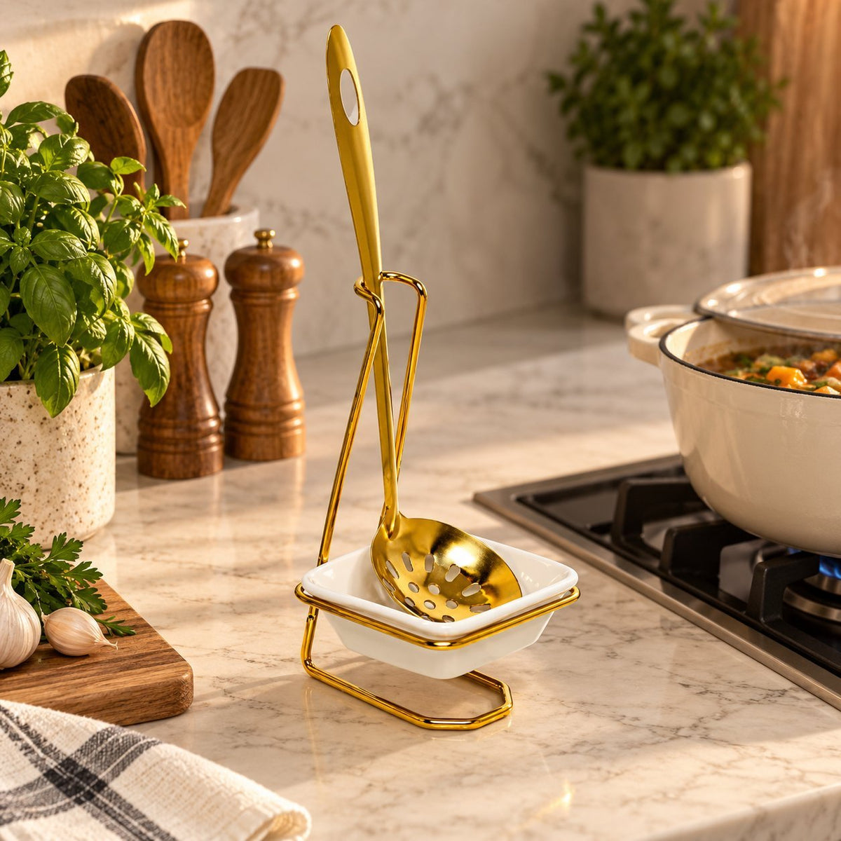Luxury Ceramic Spoon Holder with Stainless Steel Slotted Serving Spoon – 1-Piece Gold Utensil Rest & Kitchen Countertop Organiser