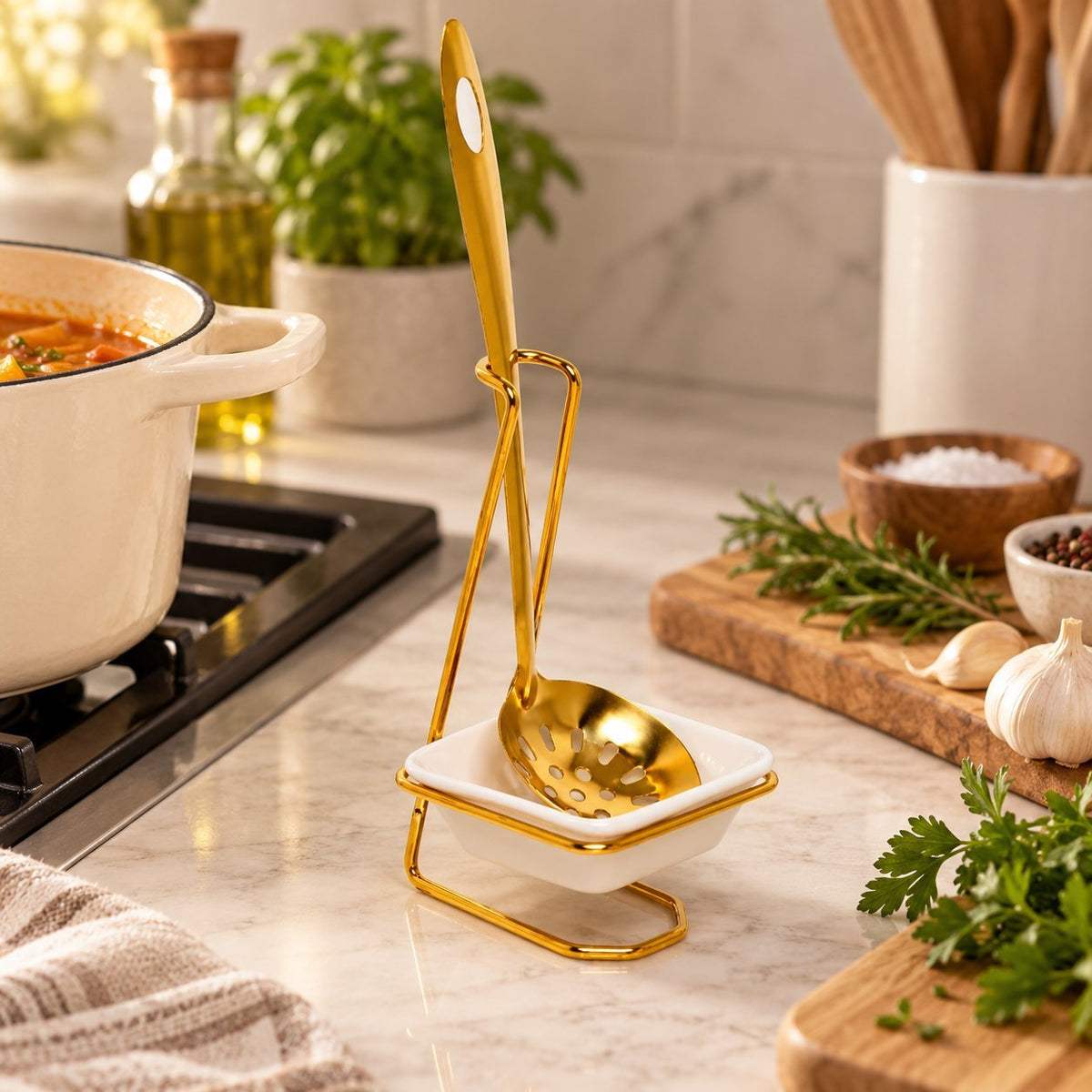 Luxury Ceramic Spoon Holder with Stainless Steel Slotted Serving Spoon – 1-Piece Gold Utensil Rest & Kitchen Countertop Organiser