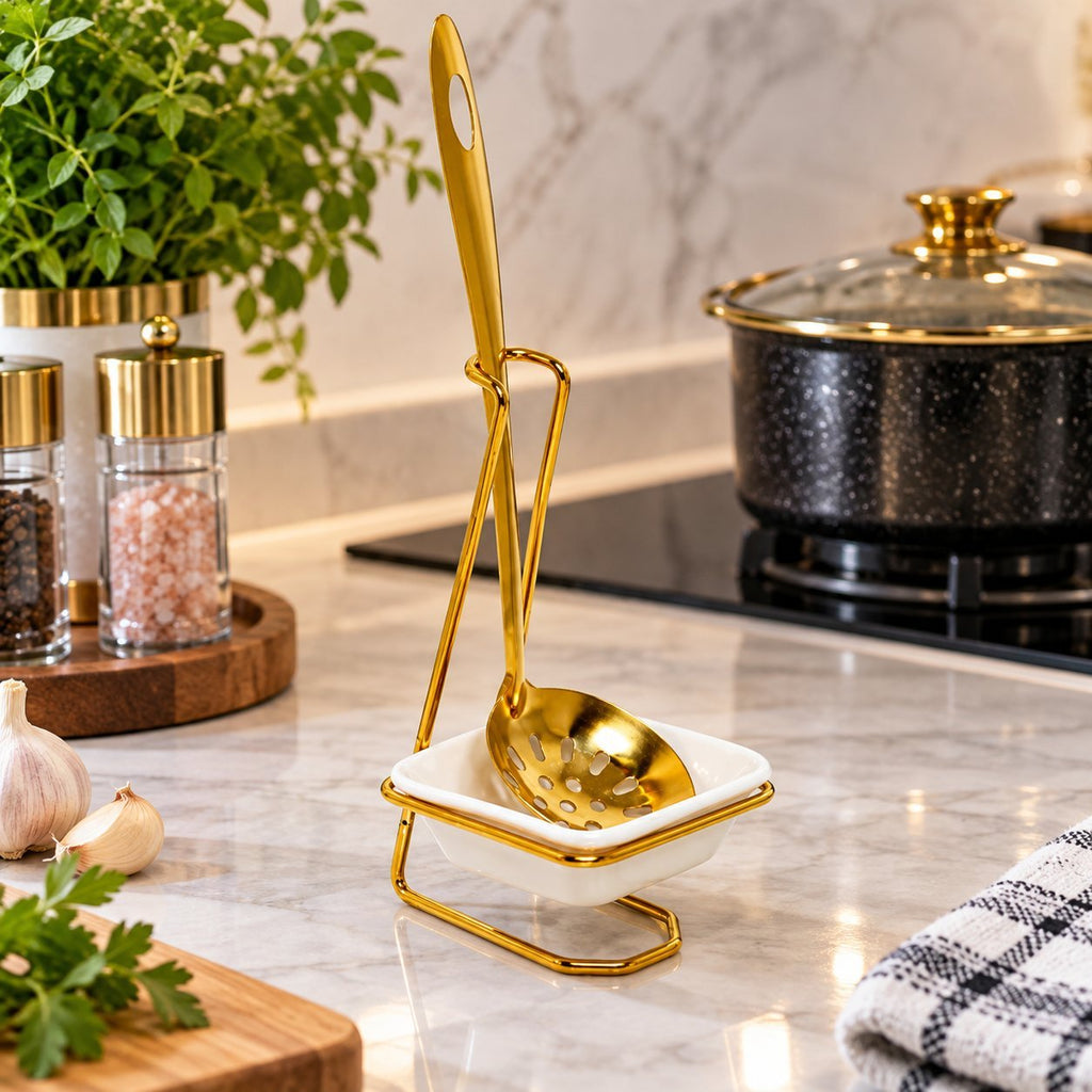 Luxury Ceramic Spoon Holder with Stainless Steel Slotted Serving Spoon – 1-Piece Gold Utensil Rest & Kitchen Countertop Organiser