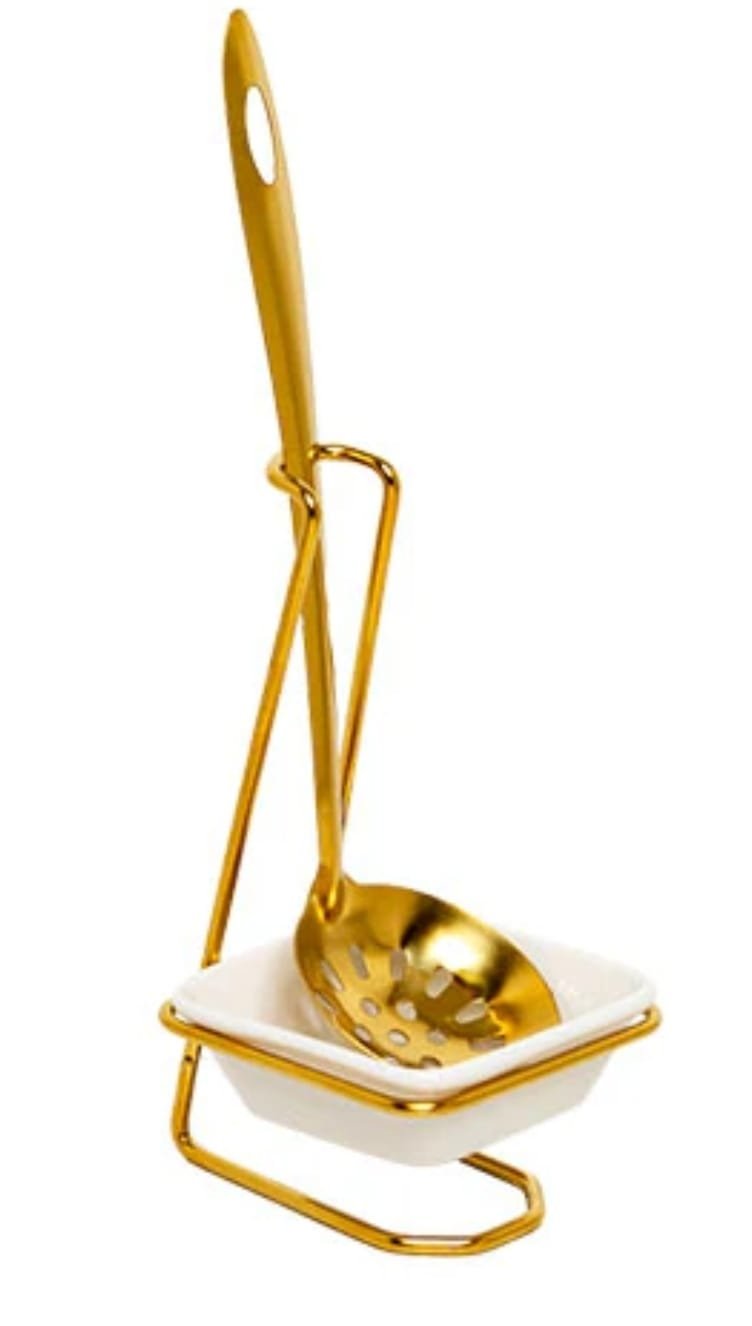 Luxury Ceramic Spoon Holder with Stainless Steel Slotted Serving Spoon – 1-Piece Gold Utensil Rest & Kitchen Countertop Organiser