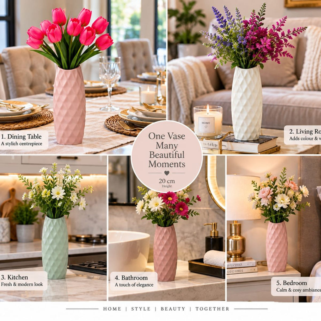 Luxury Set of 2 White Acrylic Decorative Vases – Luxury Modern Geometric Diamond Pattern Flower Vases for Home, Living Room, Bedroom & Table Decor