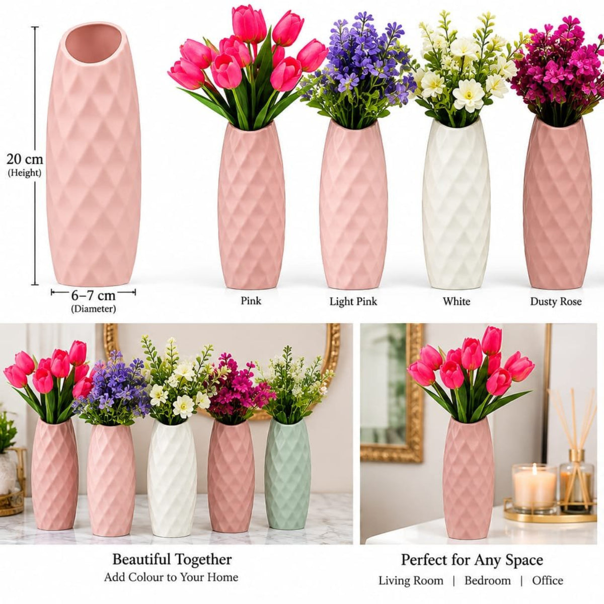Luxury Set of 2 White Acrylic Decorative Vases – Luxury Modern Geometric Diamond Pattern Flower Vases for Home, Living Room, Bedroom & Table Decor
