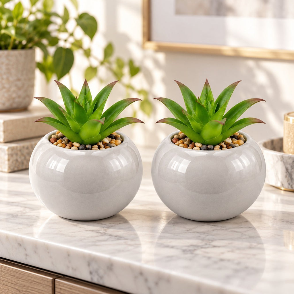 Luxury Set of 4 Ceramic & Plastic Artificial Plant Pots – Grey Decorative Tabletop Planters with Green Foliage for Home, Office & Living Room