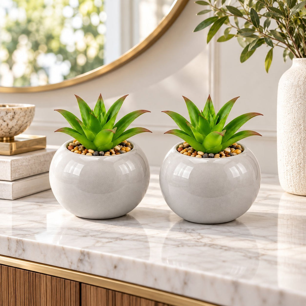 Luxury Set of 4 Ceramic & Plastic Artificial Plant Pots – Grey Decorative Tabletop Planters with Green Foliage for Home, Office & Living Room