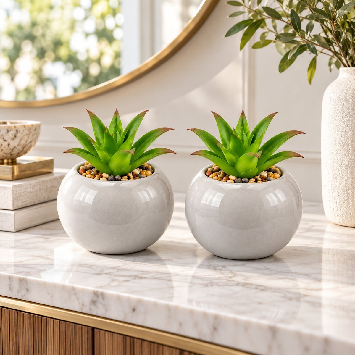 Luxury Set of 4 Ceramic & Plastic Artificial Plant Pots – Grey Decorative Tabletop Planters with Green Foliage for Home, Office & Living Room