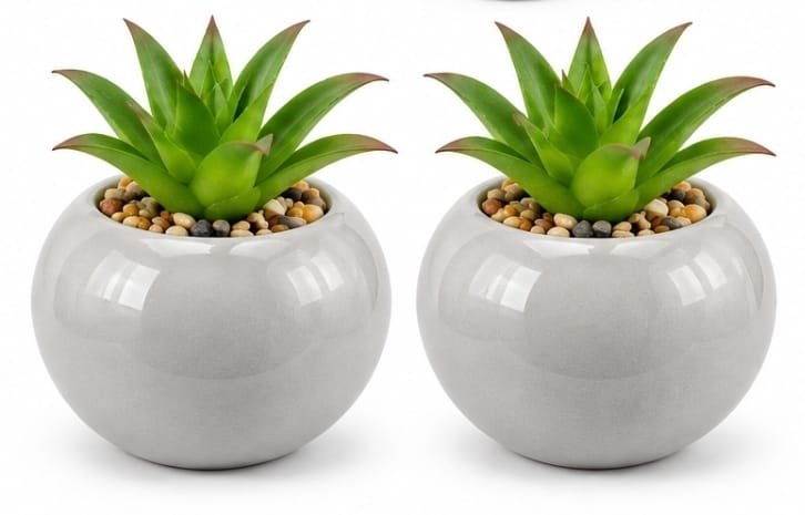 Luxury Set of 4 Ceramic & Plastic Artificial Plant Pots – Grey Decorative Tabletop Planters with Green Foliage for Home, Office & Living Room