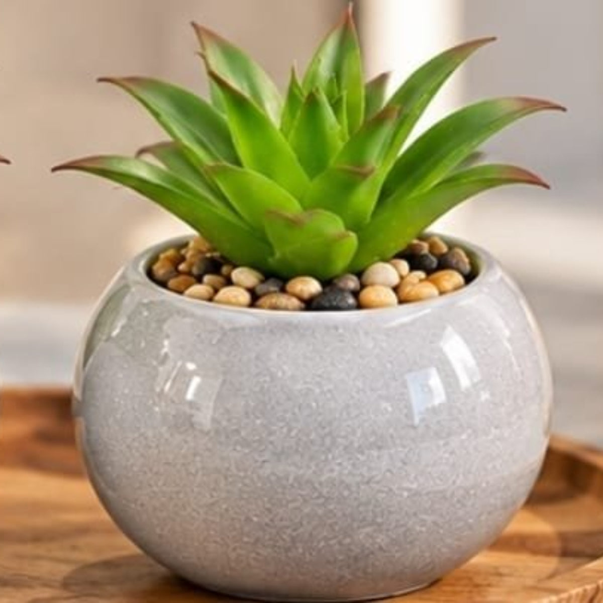 Luxury Set of 4 Ceramic & Plastic Artificial Plant Pots – Grey Decorative Tabletop Planters with Green Foliage for Home, Office & Living Room