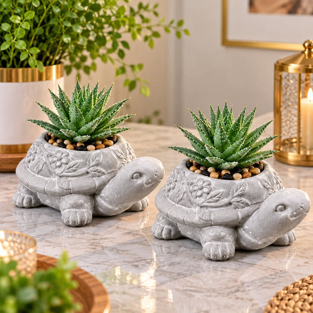 Luxury Set of 2 Turtle Decorative Planters with Artificial Succulent Plants & Pebbles – Grey Clay Turtle Plant Pots for Home, Office, Shelf & Table Decor